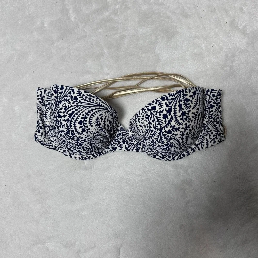 Aerie Bikini Top Women 34C Blue Floral Gold Metallic bandeau‎ Padded